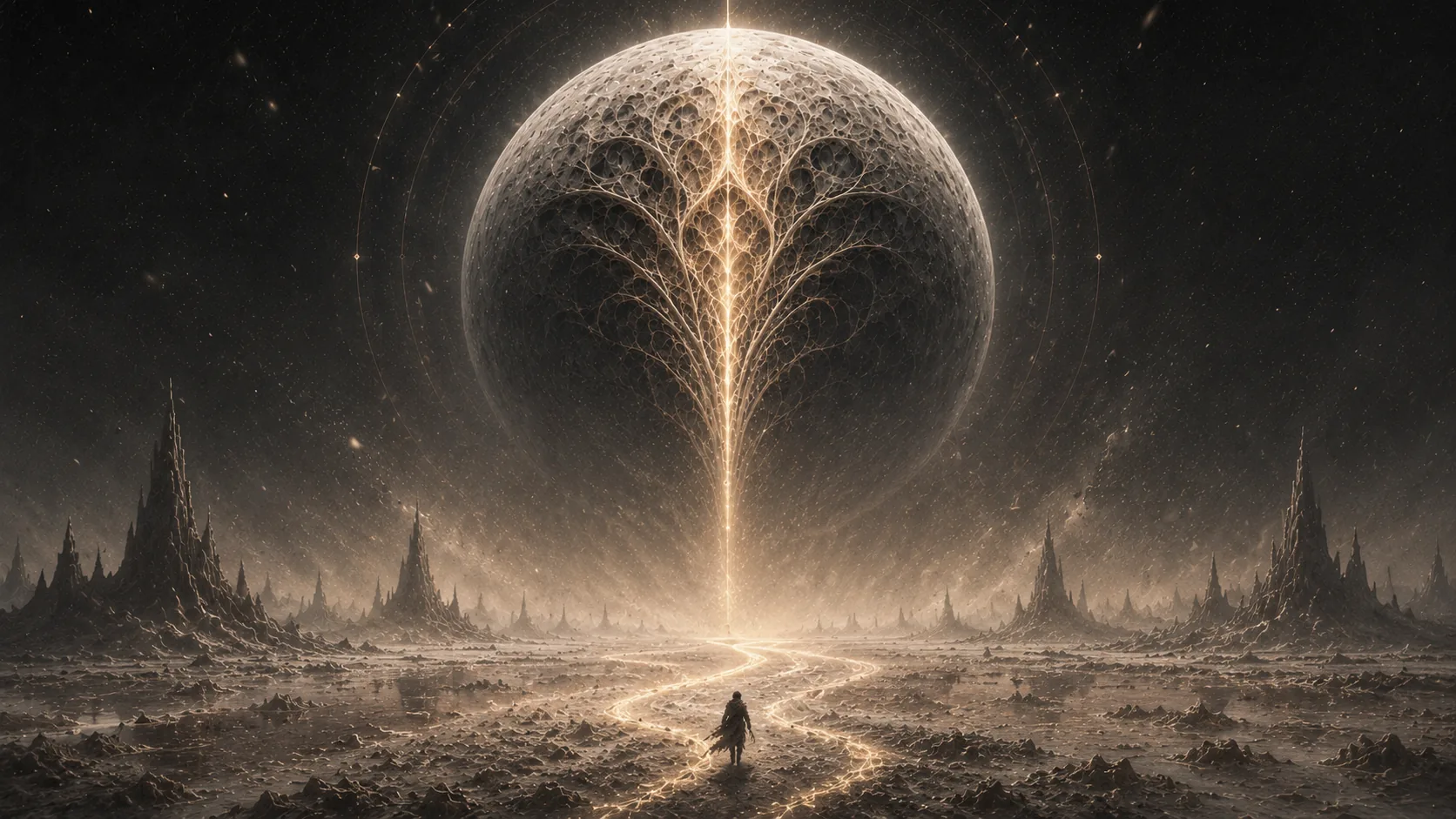 A moon-sized organic living ship hangs above a cracked salt wasteland, a lone figure walking beneath it.